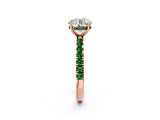 Rose gold Round Cut Diamond Pave Band Solitaire Ring with Round with Emerald side stone and Prong Setting_2