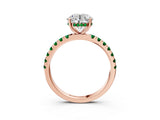 Rose gold Round Cut Diamond Pave Band Solitaire Ring with Round with Emerald side stone and Prong Setting_3