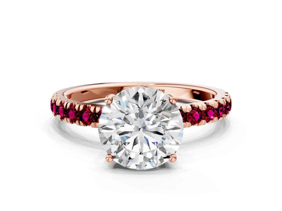 Rose gold Round Cut Diamond Pave Band Solitaire Ring with Round with Garnet side stone and Prong Setting_36