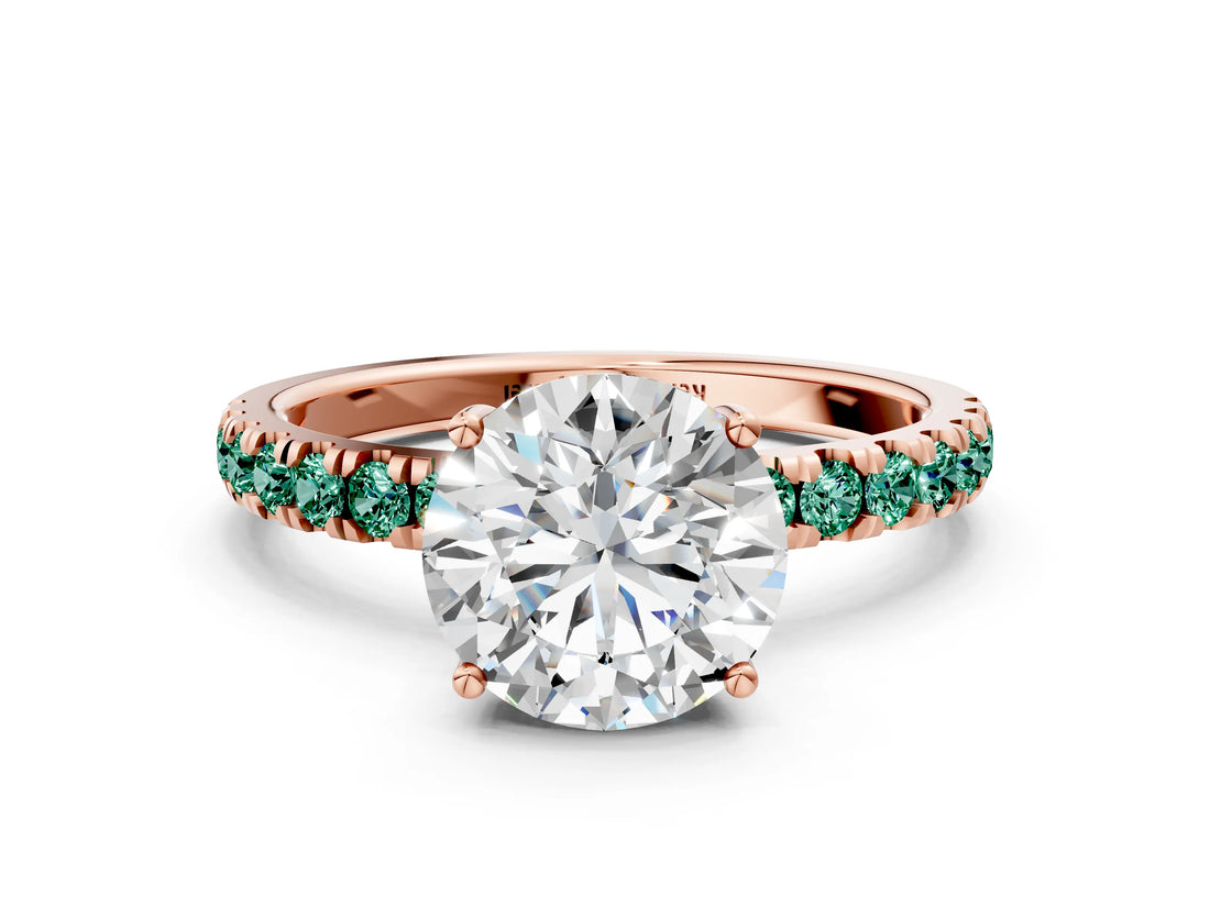 Rose gold Round Cut Diamond Pave Band Solitaire Ring with Round with Green Sapphire side stone and Prong Setting_24