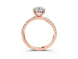 Rose gold Round Cut Diamond Pave Band Solitaire Ring with Round with Moissanite side stone and Prong Setting_27