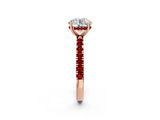 Rose gold Round Cut Diamond Pave Band Solitaire Ring with Round with Ruby side stone and Prong Setting_14
