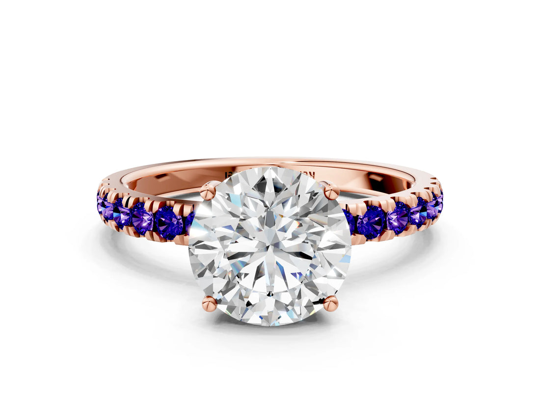 Rose gold Round Cut Diamond Pave Band Solitaire Ring with Round with Tanzanite side stone and Prong Setting