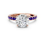 Rose gold Round Cut Diamond Pave Band Solitaire Ring with Round with Tanzanite side stone and Prong Setting