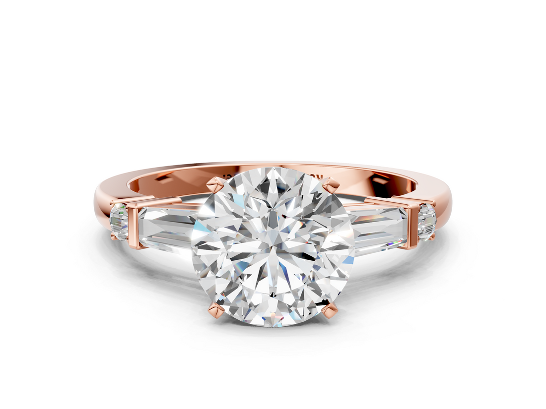 Rose gold Round Cut Diamond Ring with Baguette Side Stones, Channel Set Band, and Four-Prong Setting_26