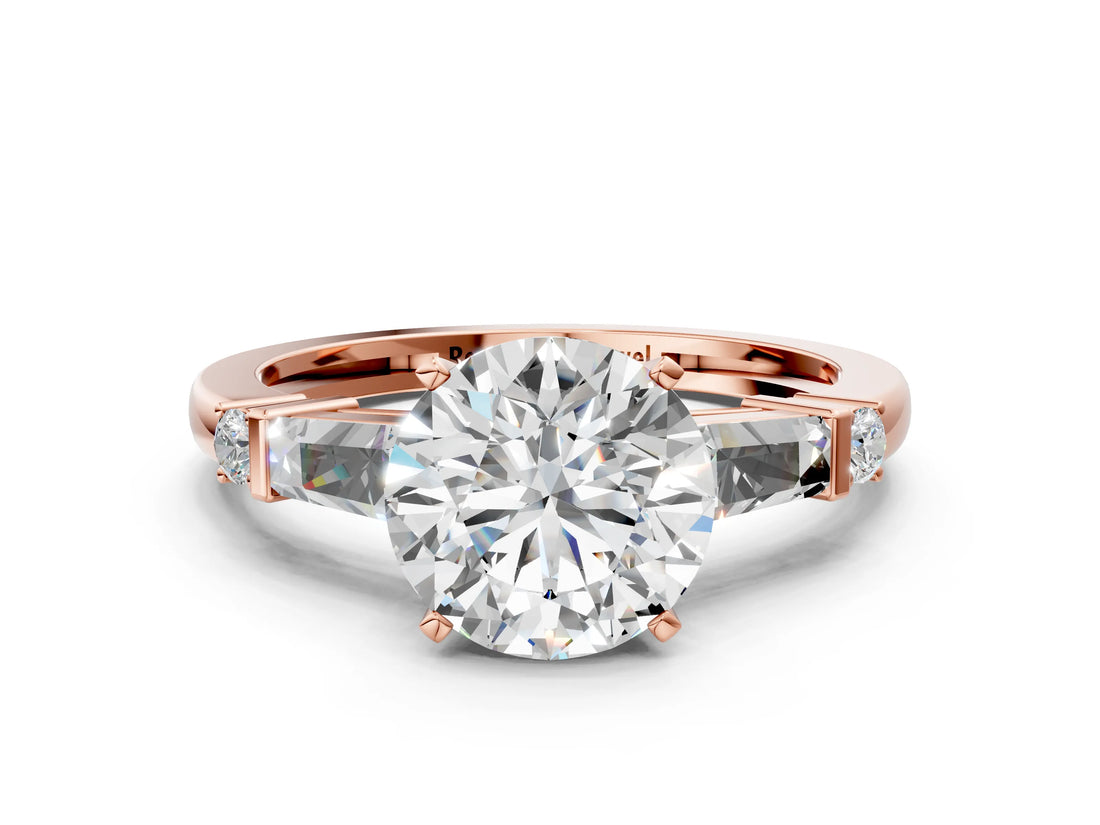 Rose gold Round Cut Diamond Ring with Baguette Side Stones, Channel Set Band, and Four-Prong Setting_37