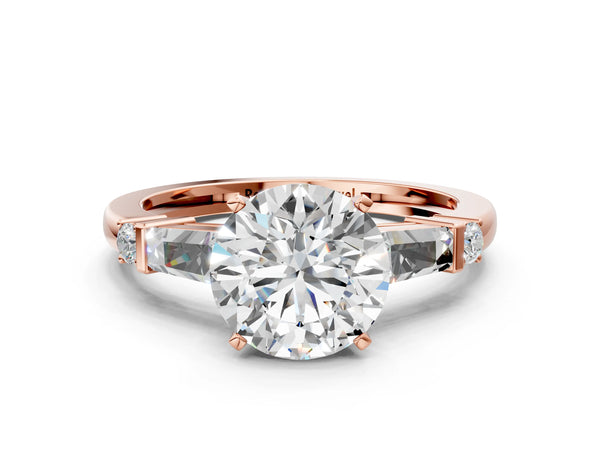 Rose Gold Round Three Stone Engagement Ring Setting with Bar Set Tapered Baguettes