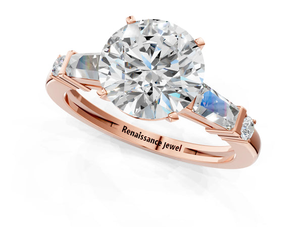 Rose Gold Round Three Stone Engagement Ring Setting with Bar Set Tapered Baguettes