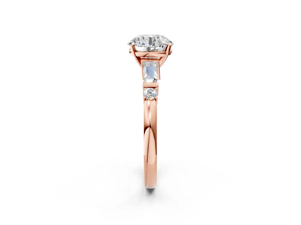 Rose Gold Round Three Stone Engagement Ring Setting with Bar Set Tapered Baguettes