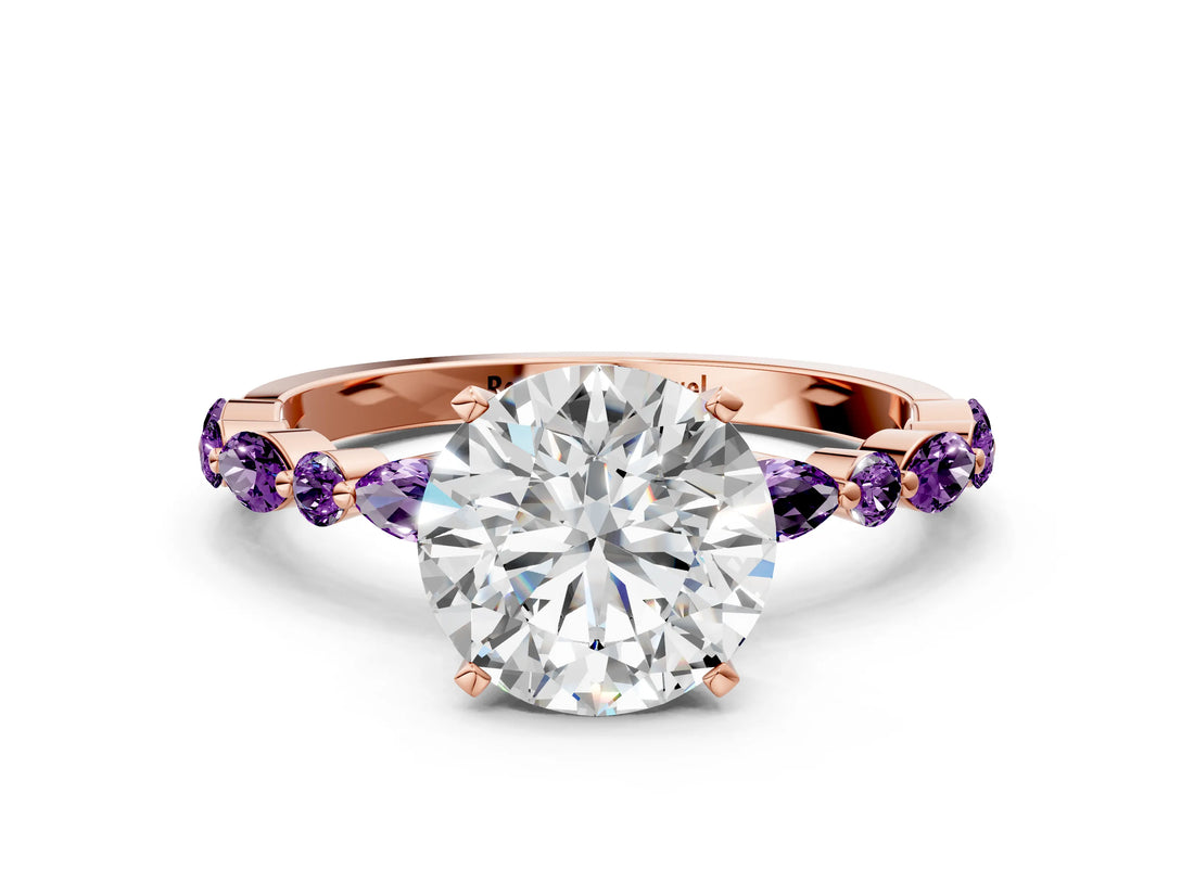 Rose gold Round Cut Diamond Ring with Marquise and Round with Amethyst side stone Side Stones and Four-Prong Setting_48