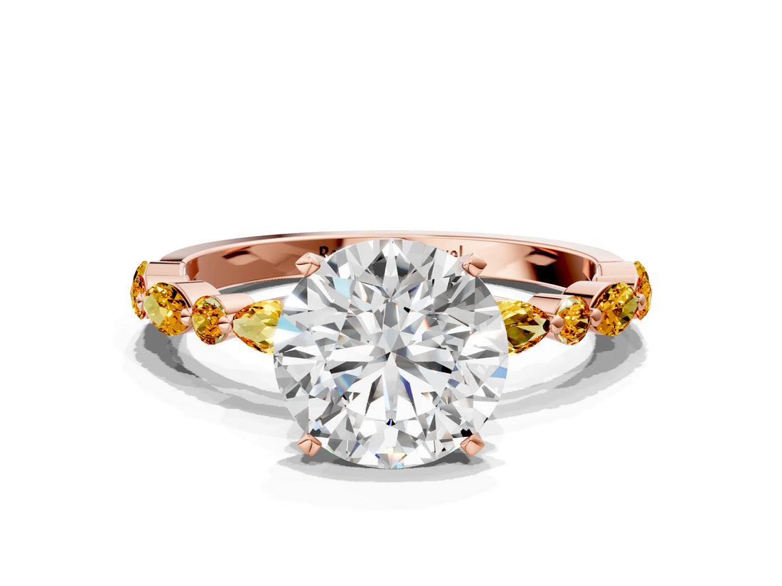 Rose gold Round Cut Diamond Ring with Marquise and Round with Citrine side stone Side Stones and Four-Prong Setting_24