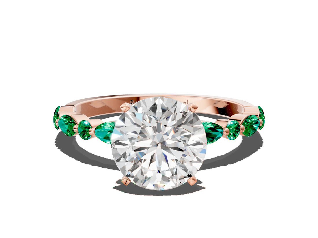 Rose gold Round Cut Diamond Ring with Marquise and Round with Emerald side stone Side Stones and Four-Prong Setting_60