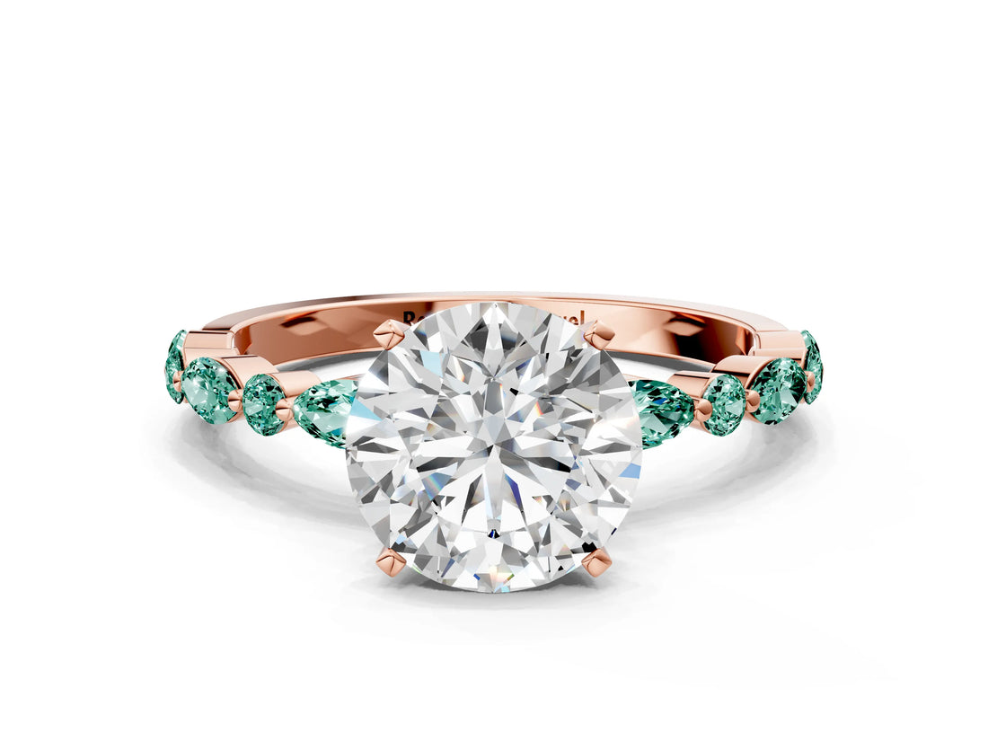 Rose gold Round Cut Diamond Ring with Marquise and Round with Green Sapphire side stone Side Stones and Four-Prong Setting_44