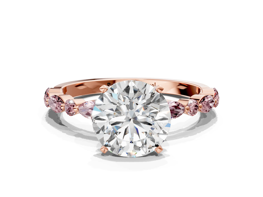 Rose gold Round Cut Diamond Ring with Marquise and Round with Morganite side stone Side Stones and Four-Prong Setting_36