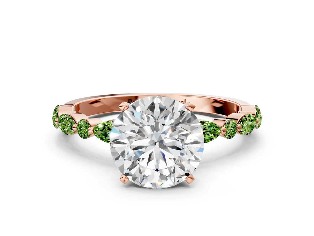 Rose gold Round Cut Diamond Ring with Marquise and Round with Peridot side stone Side Stones and Four-Prong Setting_12