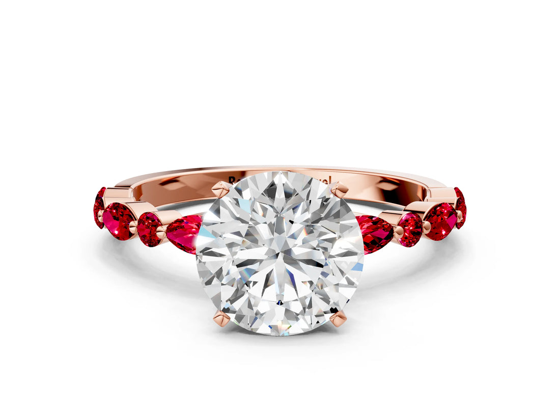 Rose gold Round Cut Diamond Ring with Marquise and Round with Ruby side stone Side Stones and Four-Prong Setting_59