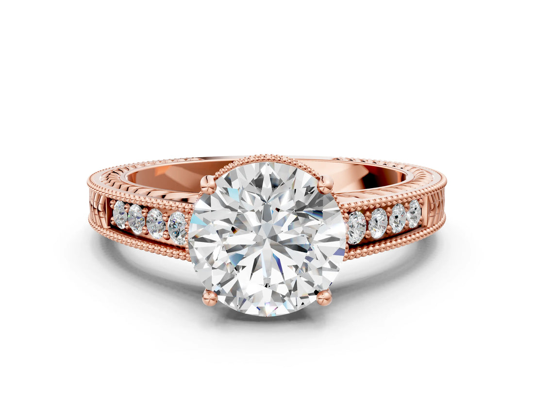 Rose gold Round Cut Diamond Ring with Milgrain Pavé Band and Four-Prong Setting_24