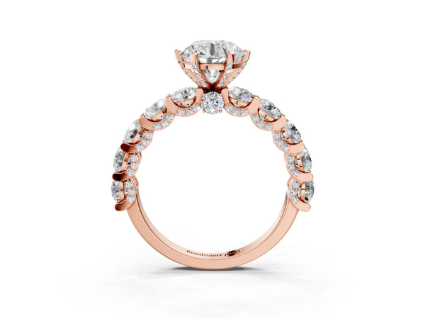 Rose gold Round Cut Diamond Side Stone Engagement Ring with Four-Prong Setting