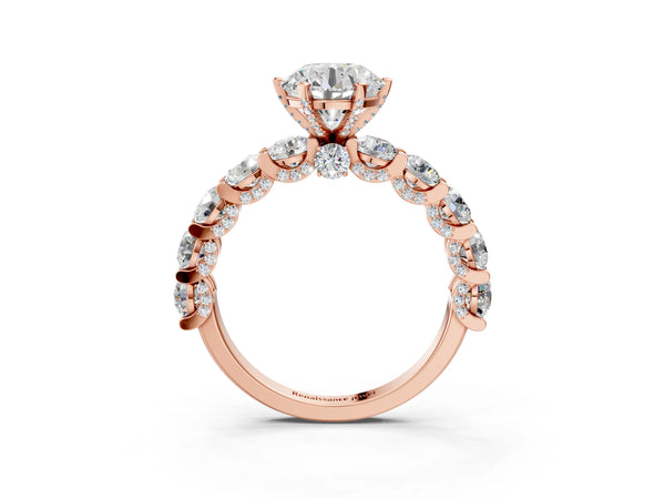 Rose gold Round Cut Diamond Side Stone Engagement Ring with Four-Prong Setting