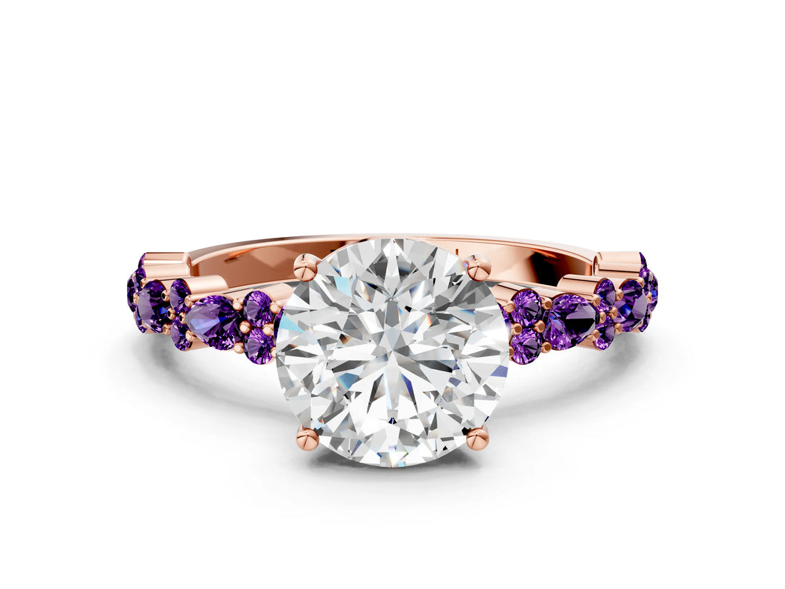 Rose gold Round Cut Diamond Side Stone Solitaire Ring with Round with Amethyst side stone and Four-Prong Setting