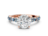 Rose gold Round Cut Diamond Side Stone Solitaire Ring with Round with Aquamarine side stone and Four-Prong Setting