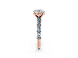 Rose gold Round Cut Diamond Side Stone Solitaire Ring with Round with Aquamarine side stone and Four-Prong Setting_2
