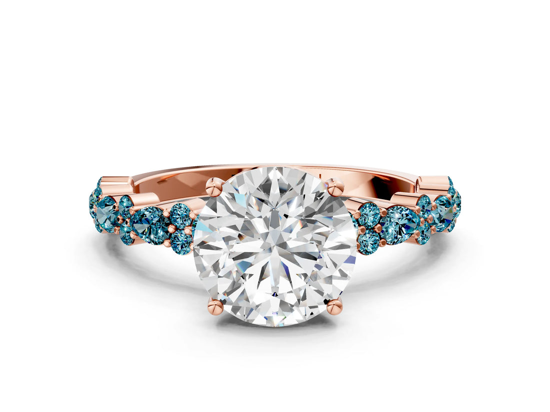 Rose gold Round Cut Diamond Side Stone Solitaire Ring with Round with Blue Topaz side stone and Four-Prong Setting