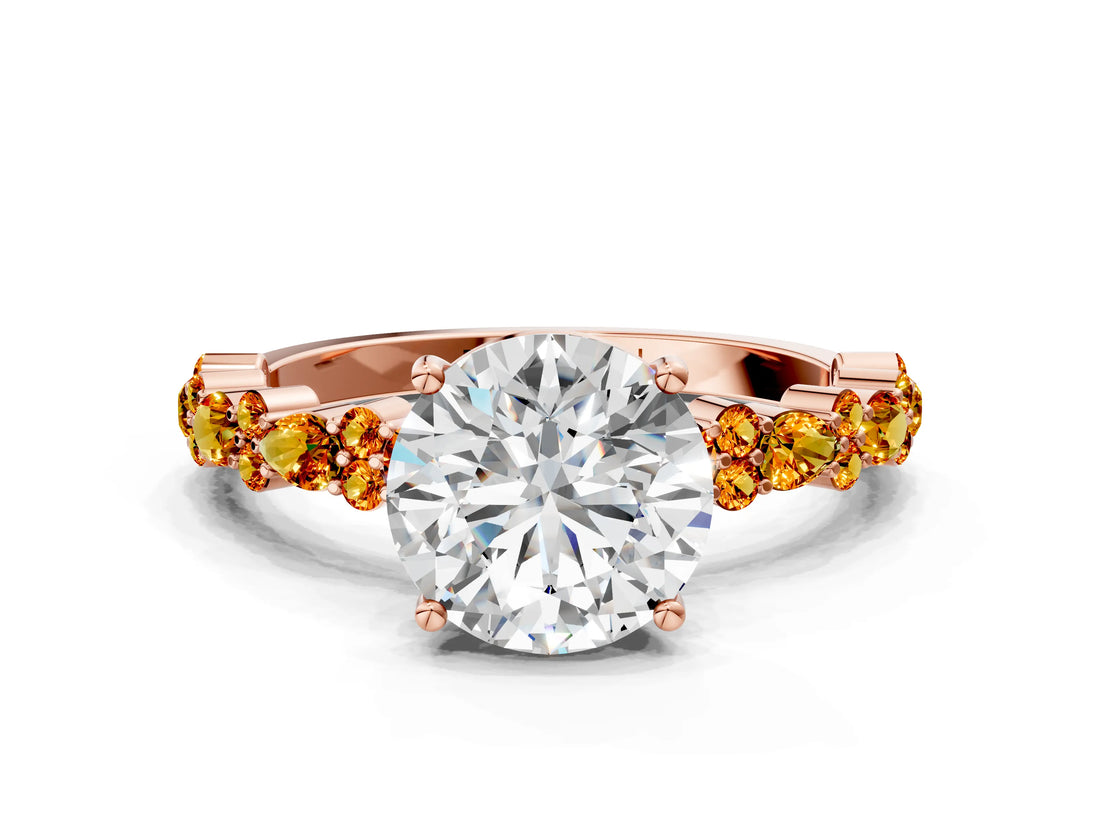 Rose gold Round Cut Diamond Side Stone Solitaire Ring with Round with Citrine side stone and Four-Prong Setting