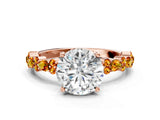Rose gold Round Cut Diamond Side Stone Solitaire Ring with Round with Citrine side stone and Four-Prong Setting