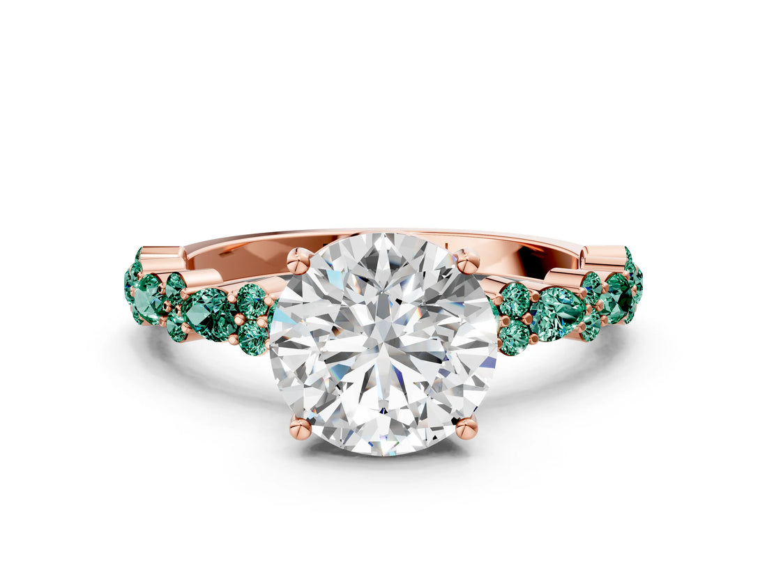 Rose gold Round Cut Diamond Side Stone Solitaire Ring with Round with Green Sapphire side stone and Four-Prong Setting