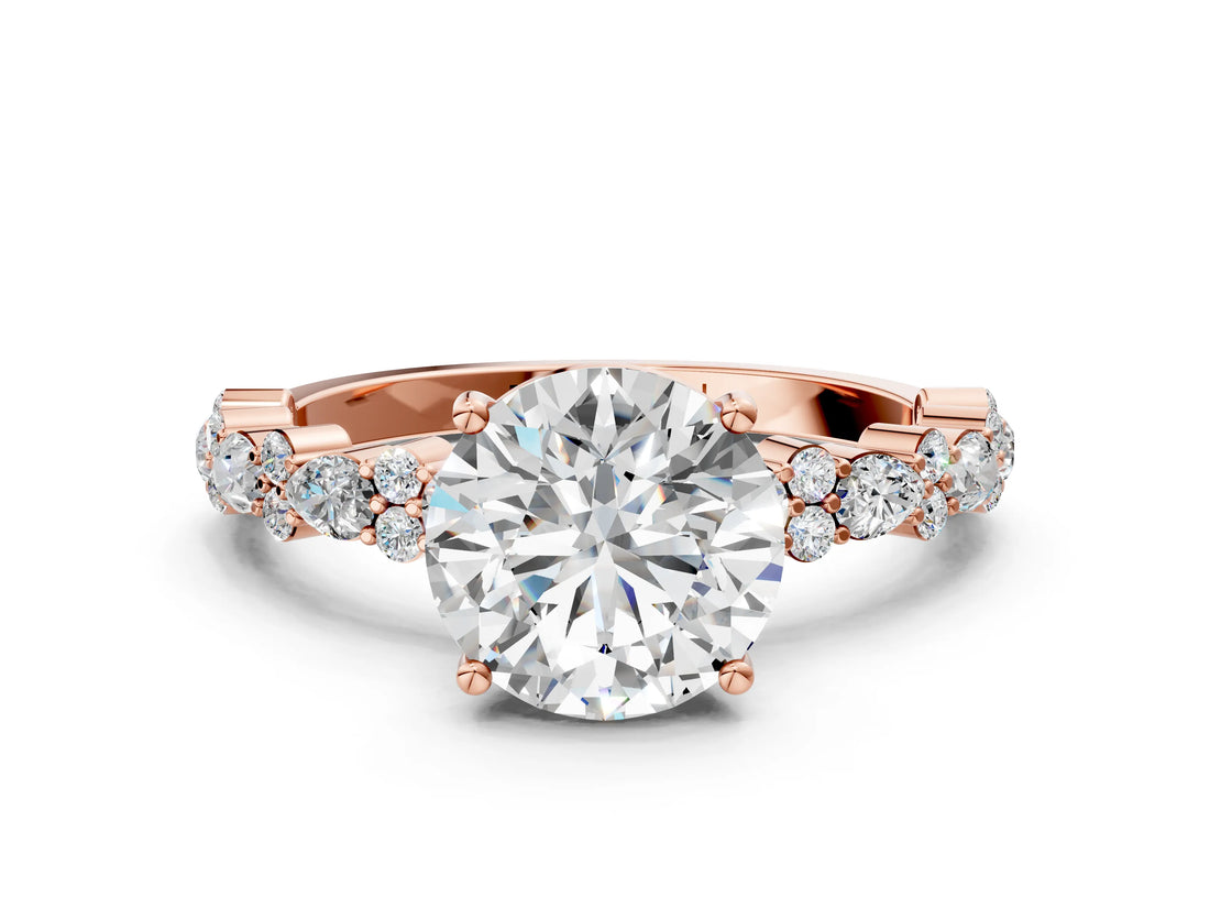 Rose gold Round Cut Diamond Side Stone Solitaire Ring with Round with Moissanite side stone and Four-Prong Setting