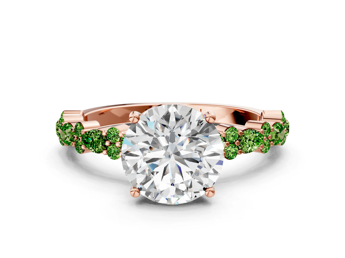 Rose gold Round Cut Diamond Side Stone Solitaire Ring with Round with Peridot side stone and Four-Prong Setting