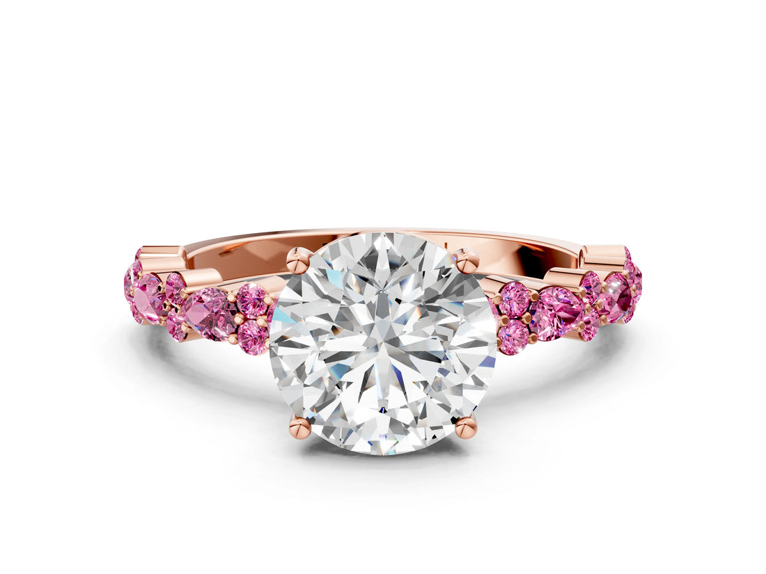 Rose gold Round Cut Diamond Side Stone Solitaire Ring with Round with Pink Sapphire side stone and Four-Prong Setting