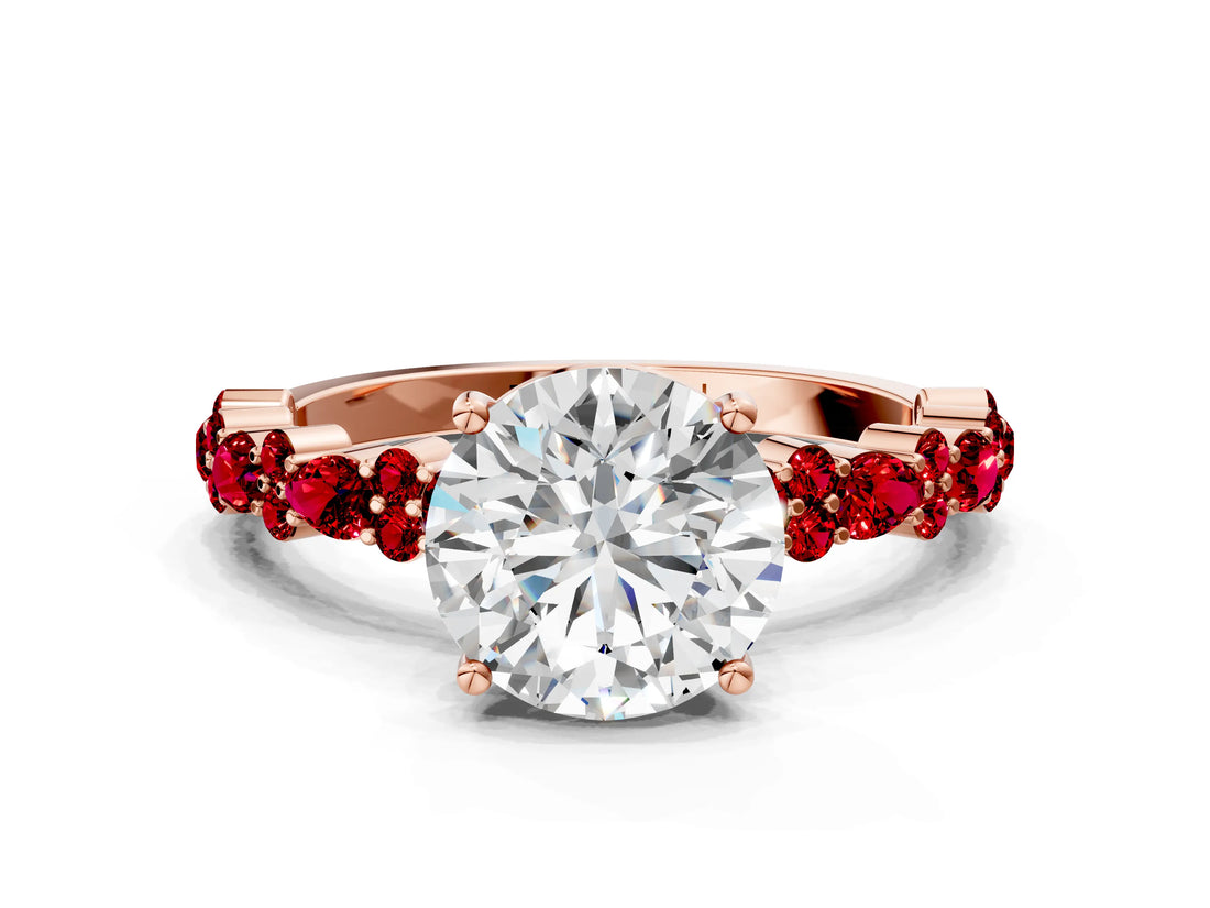 Rose gold Round Cut Diamond Side Stone Solitaire Ring with Round with Ruby side stone and Four-Prong Setting