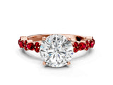 Rose gold Round Cut Diamond Side Stone Solitaire Ring with Round with Ruby side stone and Four-Prong Setting