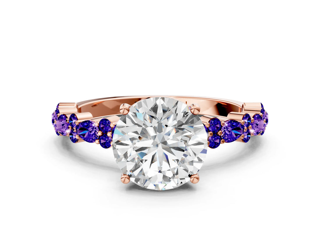 Rose gold Round Cut Diamond Side Stone Solitaire Ring with Round with Tanzanite side stone and Four-Prong Setting
