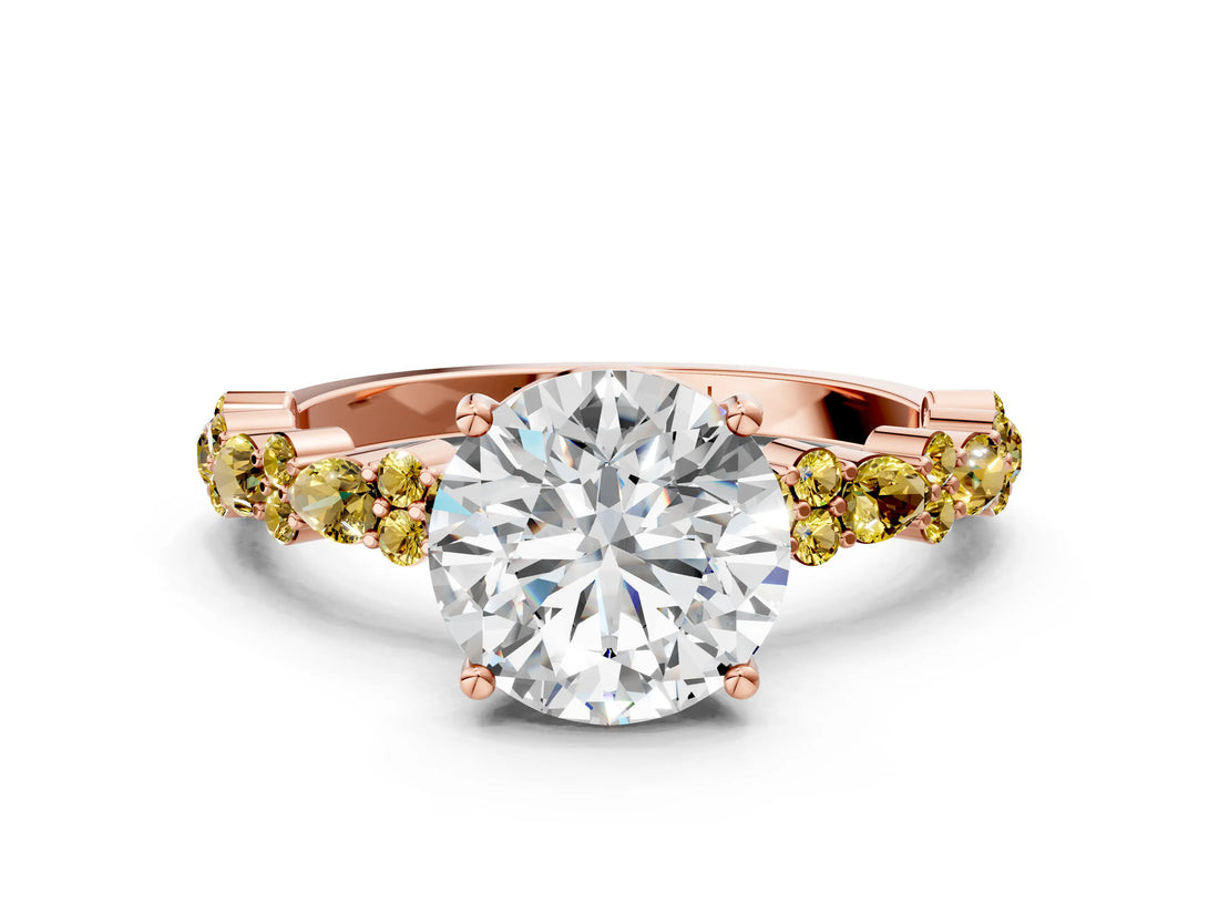 Rose gold Round Cut Diamond Side Stone Solitaire Ring with Round with Yellow Sapphire side stone and Four-Prong Setting
