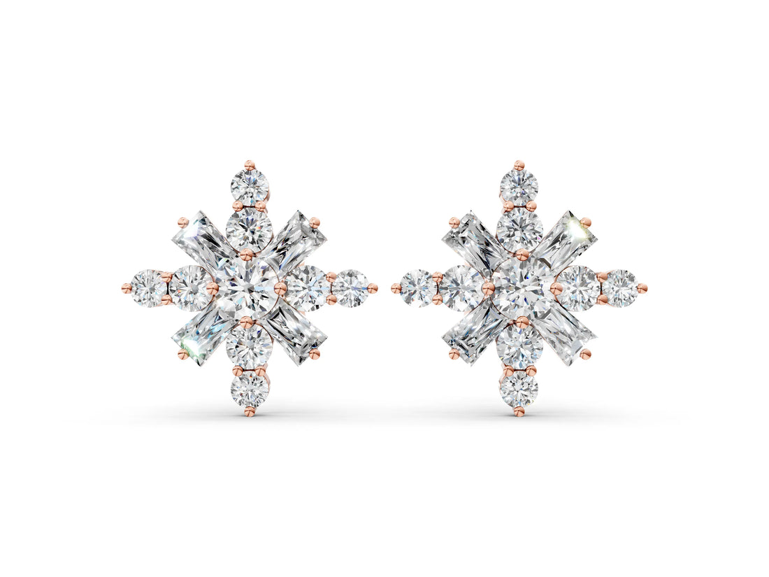 Rose gold Round Cut Diamond Snowflake Cluster Stud Earrings_50