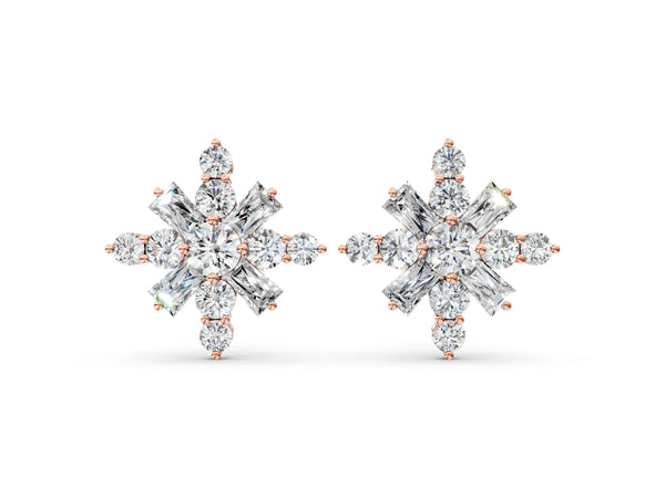 Rose gold Round Cut Diamond Snowflake Cluster Stud Earrings