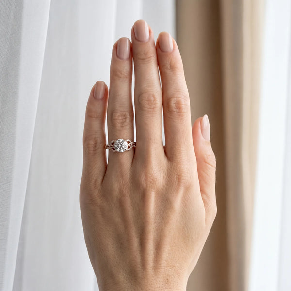 Rose gold Round Cut Diamond Solitaire Engagement Ring with Celtic Knot Band and Four-Prong Setting