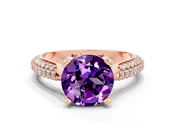 Rose gold Round Cut Amethyst Solitaire Engagement Ring with Multi-Row Round Pavé Band and Prong Setting
