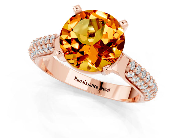 Rose gold Round Cut Citrine Solitaire Engagement Ring with Multi-Row Round Pavé Band and Prong Setting