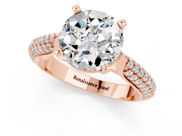 Rose gold Round Cut Moissanite Solitaire Engagement Ring with Multi-Row Round Pavé Band and Prong Setting