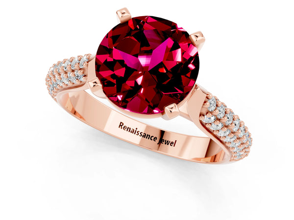 Rose gold Round Cut Garnet Solitaire Engagement Ring with Multi-Row Round Pavé Band and Prong Setting