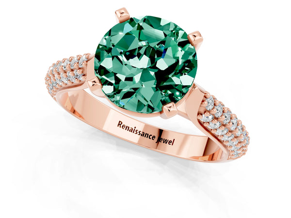 Rose gold Round Cut Green Sapphire Solitaire Engagement Ring with Multi-Row Round Pavé Band and Prong Setting