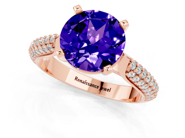 Rose gold Round Cut Tanzanite Solitaire Engagement Ring with Multi-Row Round Pavé Band and Prong Setting