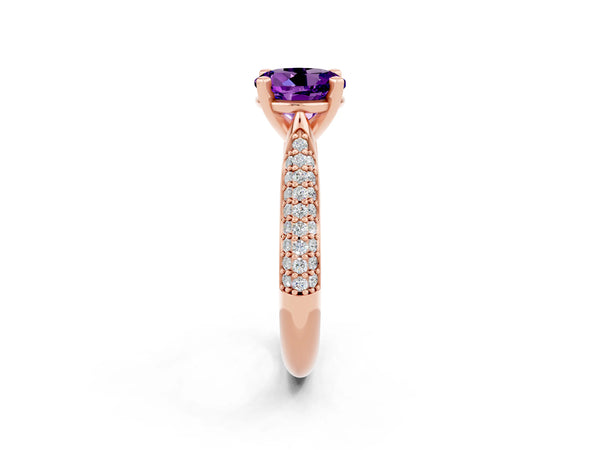 Rose gold Round Cut Amethyst Solitaire Engagement Ring with Multi-Row Round Pavé Band and Prong Setting