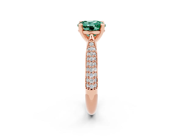 Rose gold Round Cut Green Sapphire Solitaire Engagement Ring with Multi-Row Round Pavé Band and Prong Setting