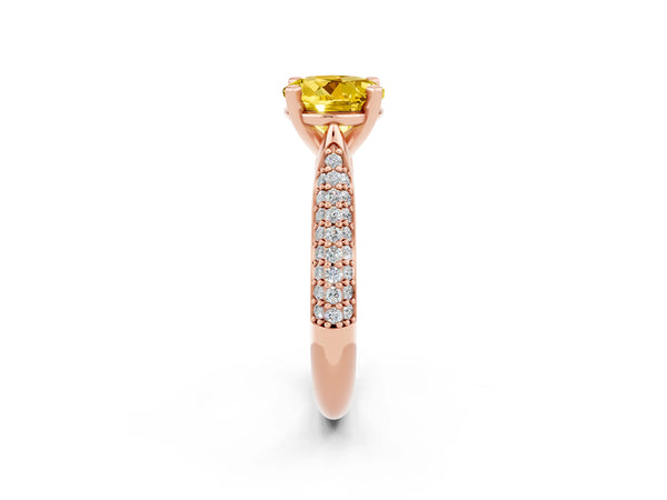 Rose gold Round Cut Yellow Sapphire Solitaire Engagement Ring with Multi-Row Round Pavé Band and Prong Setting