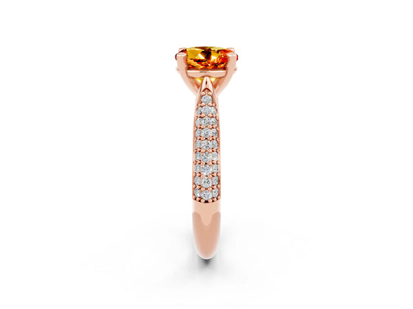 Rose gold Round Cut Citrine Solitaire Engagement Ring with Multi-Row Round Pavé Band and Prong Setting